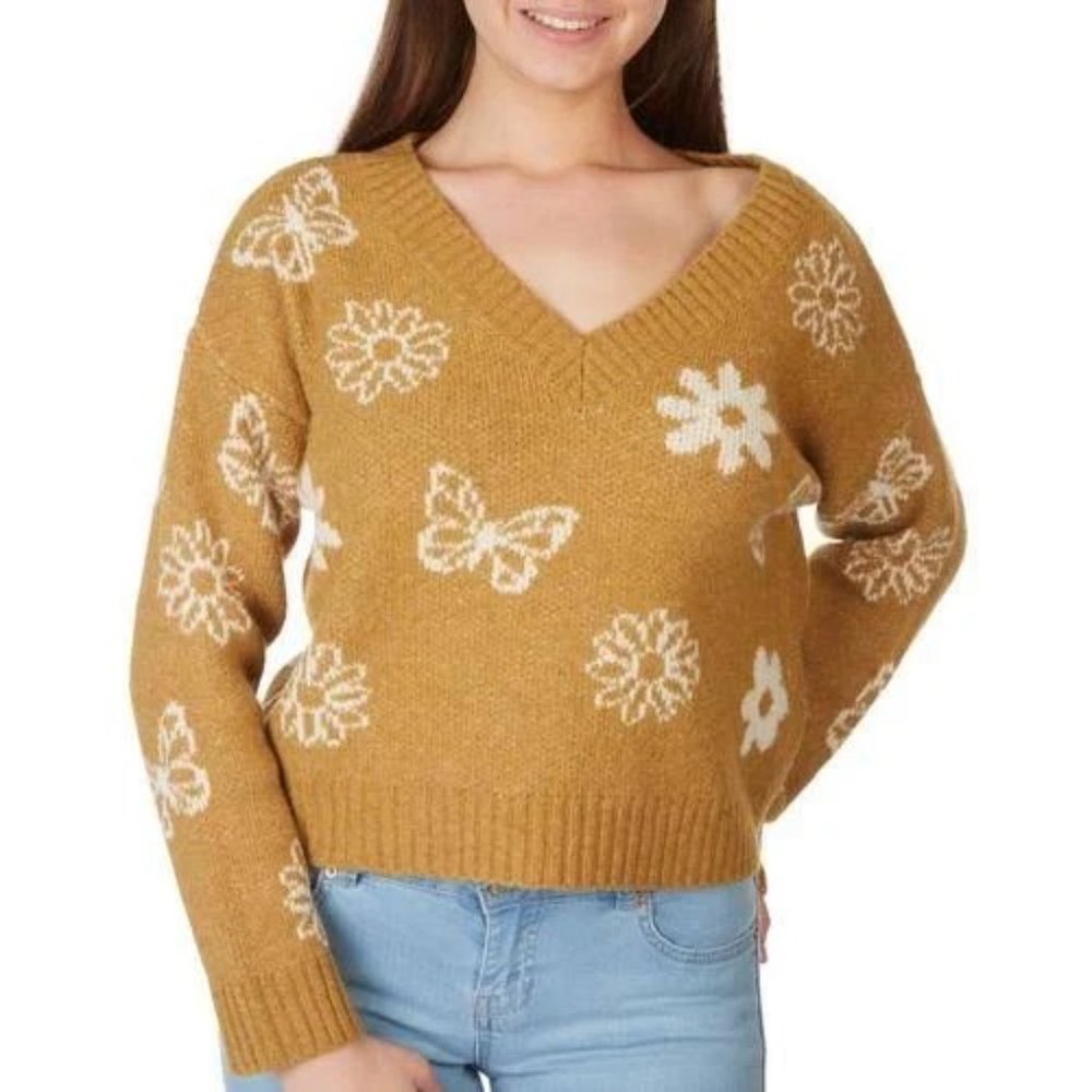 PINK ROSE Junior's Floral & Butterfly V-Neck Sweater, Small - NWT